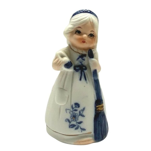 Vintage Jasco Bell Dutch Woman Broom Blue and White Porcelain 4" Tall Taiwan - Picture 1 of 8